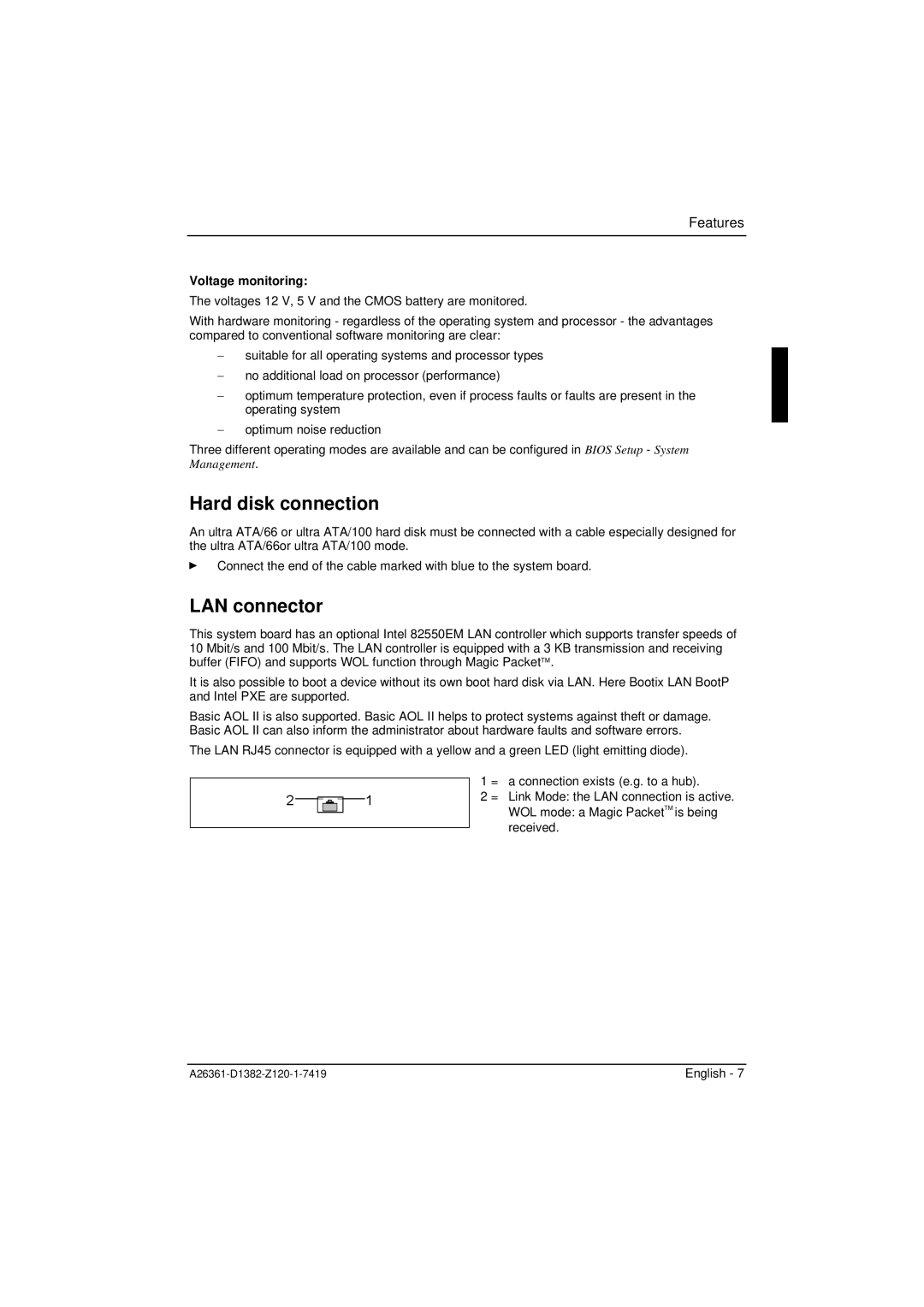 Fujitsu D1382 technical manual Hard disk connection, LAN connector 