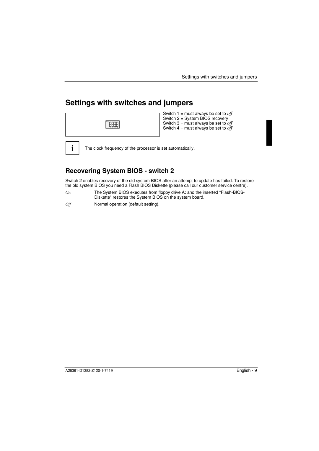 Fujitsu D1382 technical manual Settings with switches and jumpers, Recovering System Bios switch 