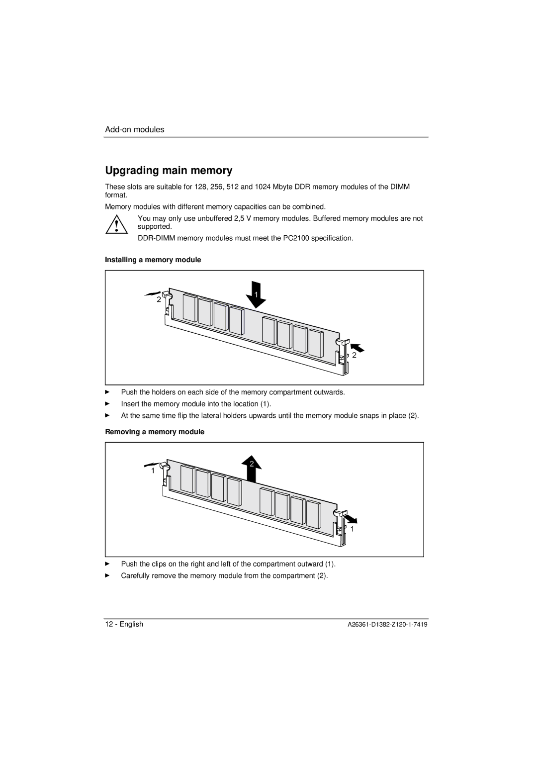 Fujitsu D1382 technical manual Upgrading main memory, Installing a memory module 