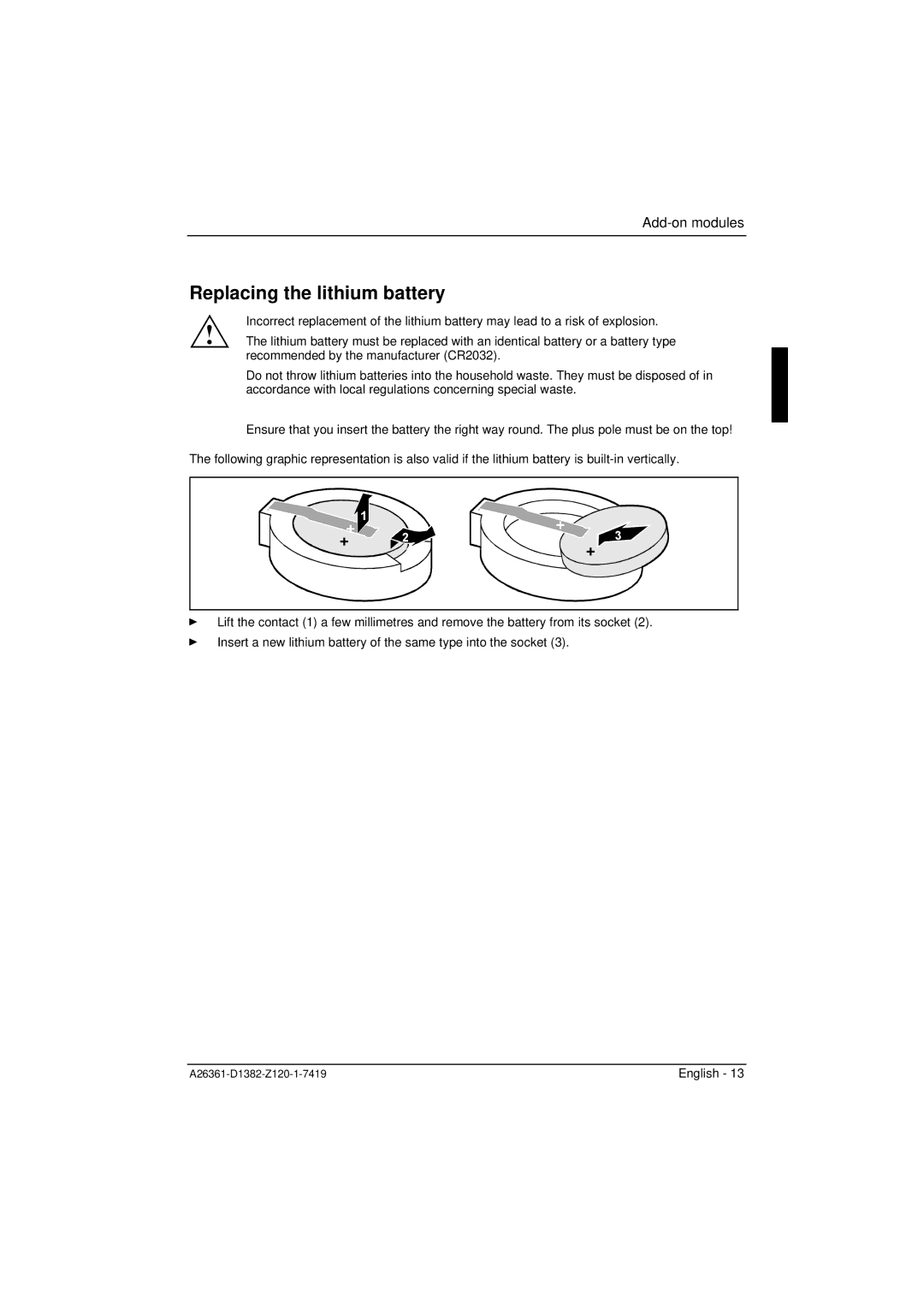 Fujitsu D1382 technical manual Replacing the lithium battery, + + 