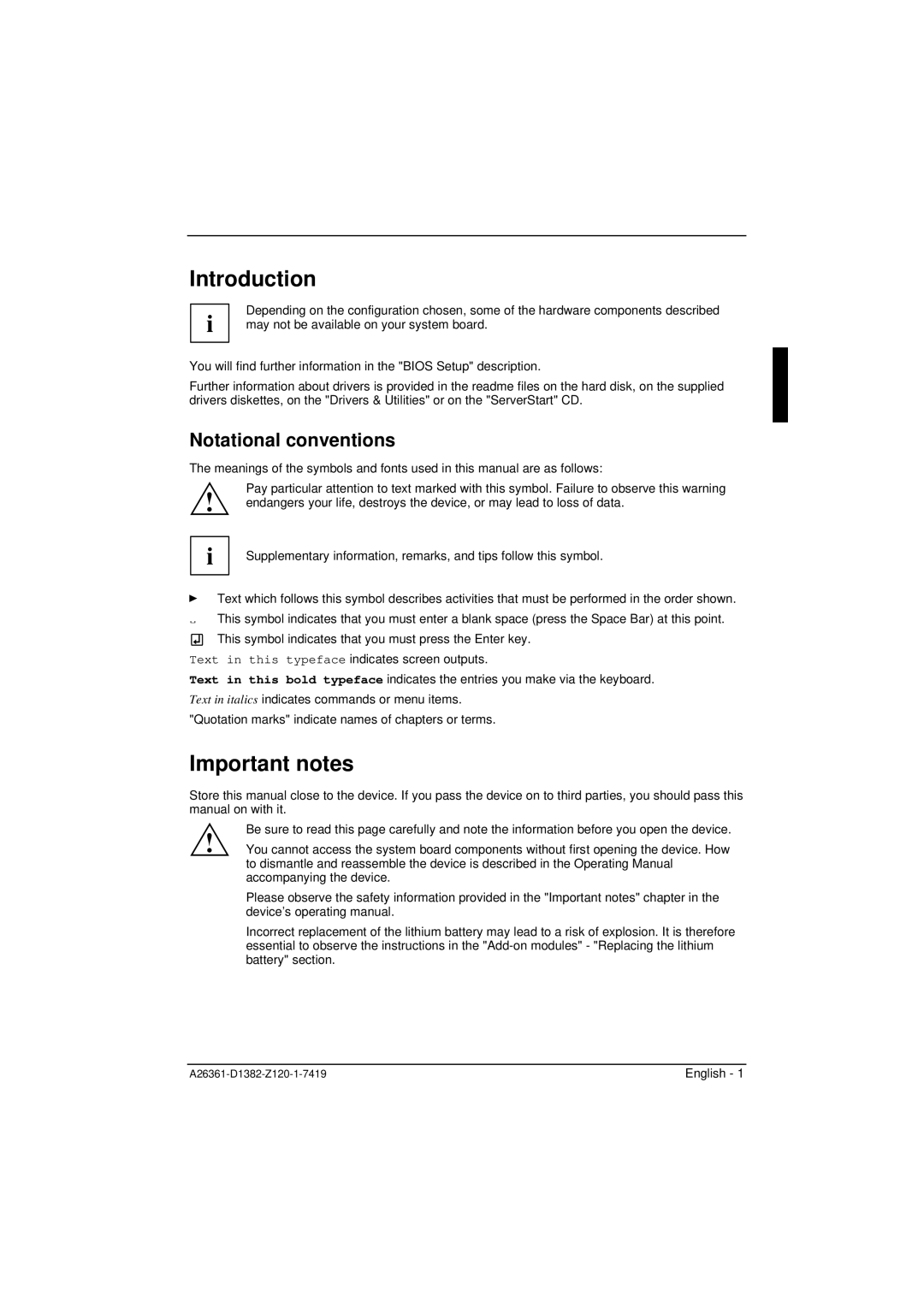 Fujitsu D1382 technical manual Introduction, Important notes, Notational conventions 