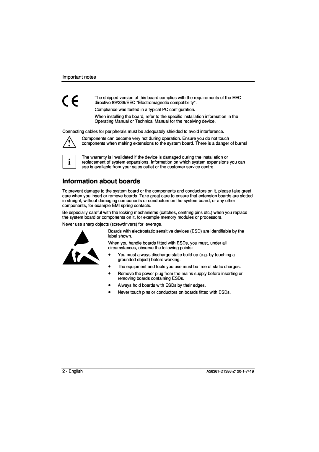 Fujitsu D1386 technical manual Information about boards, Important notes 