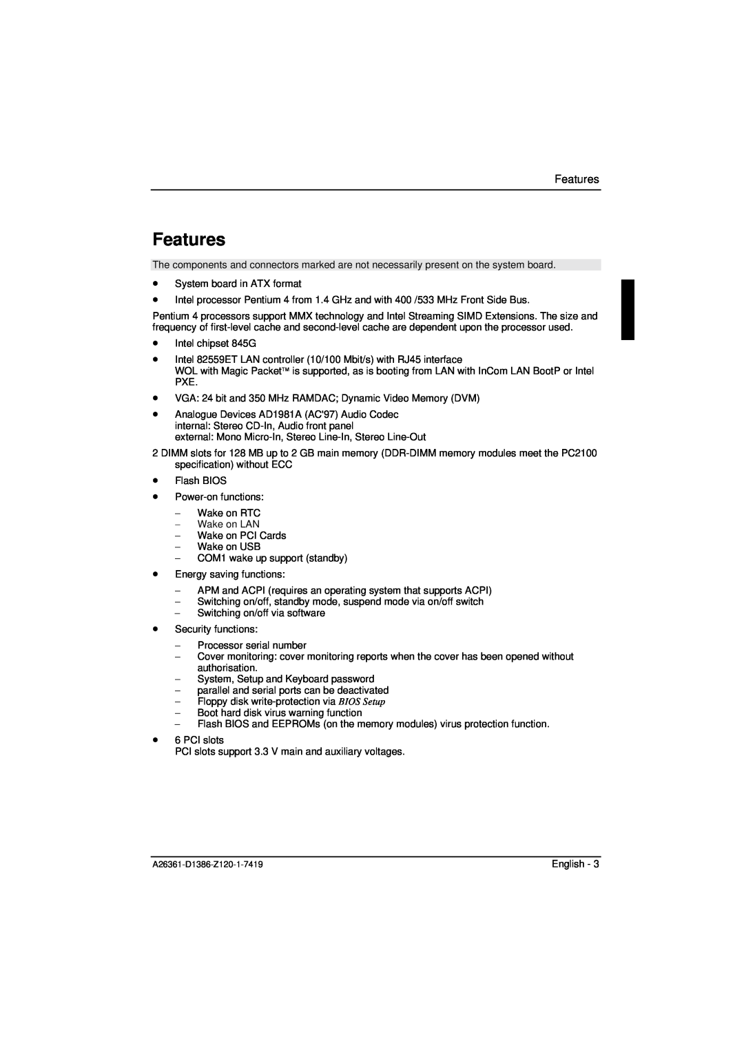 Fujitsu D1386 technical manual Features 
