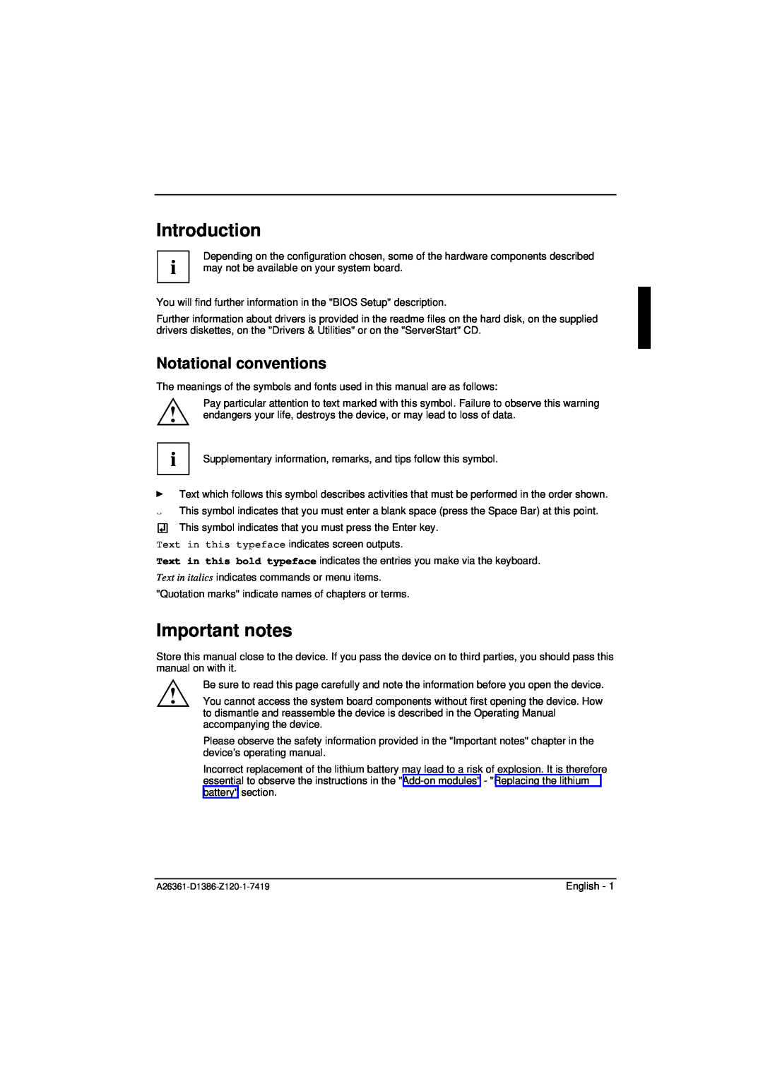 Fujitsu D1386 technical manual Introduction, Important notes, Notational conventions 