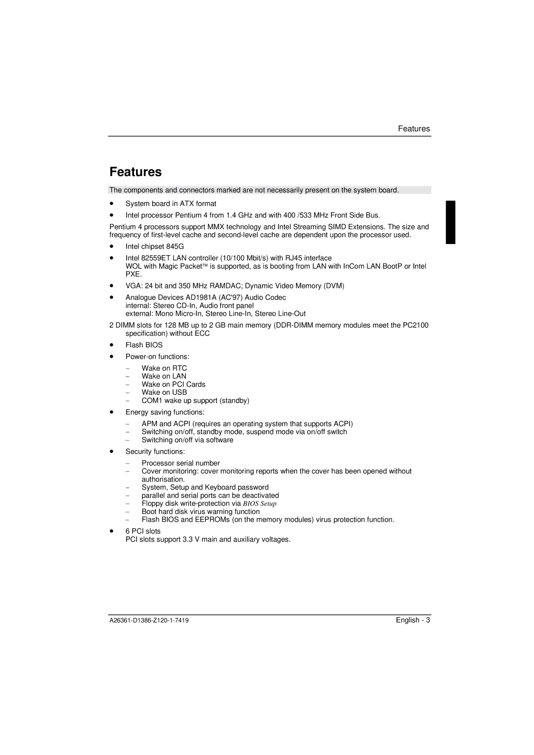 Fujitsu D1386 technical manual Features 