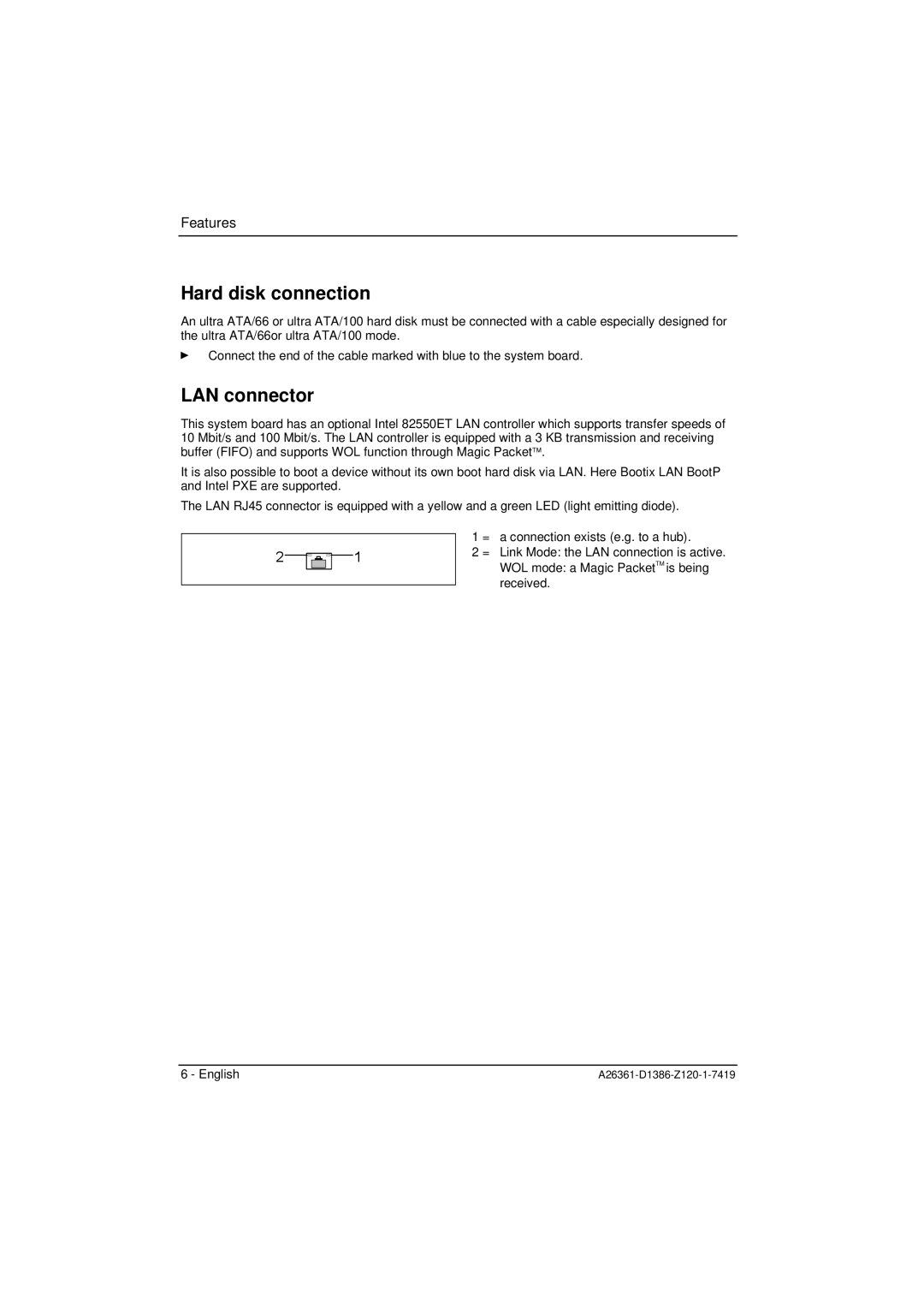 Fujitsu D1386 technical manual Hard disk connection, LAN connector 