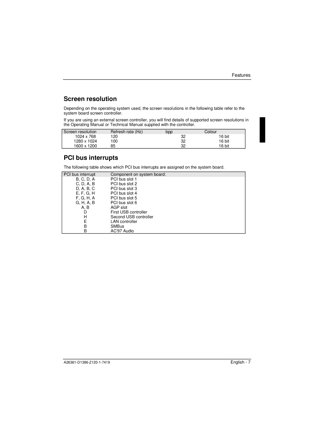 Fujitsu D1386 technical manual Screen resolution, PCI bus interrupts 