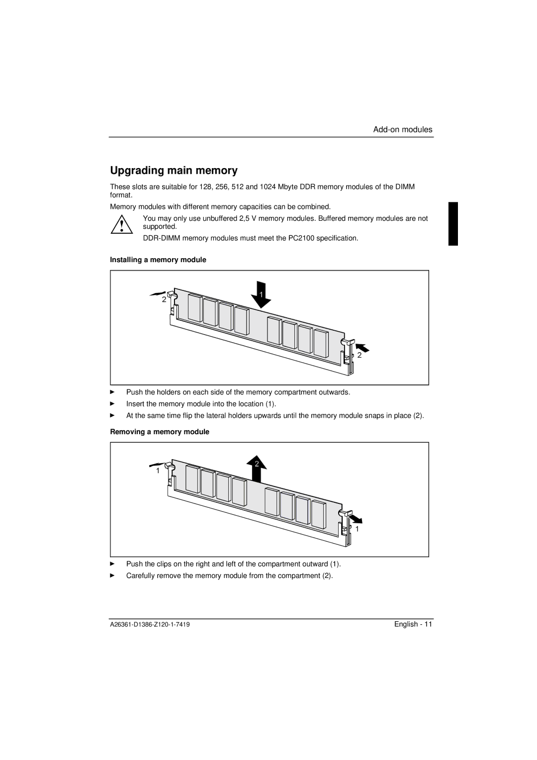 Fujitsu D1386 technical manual Upgrading main memory, Installing a memory module 