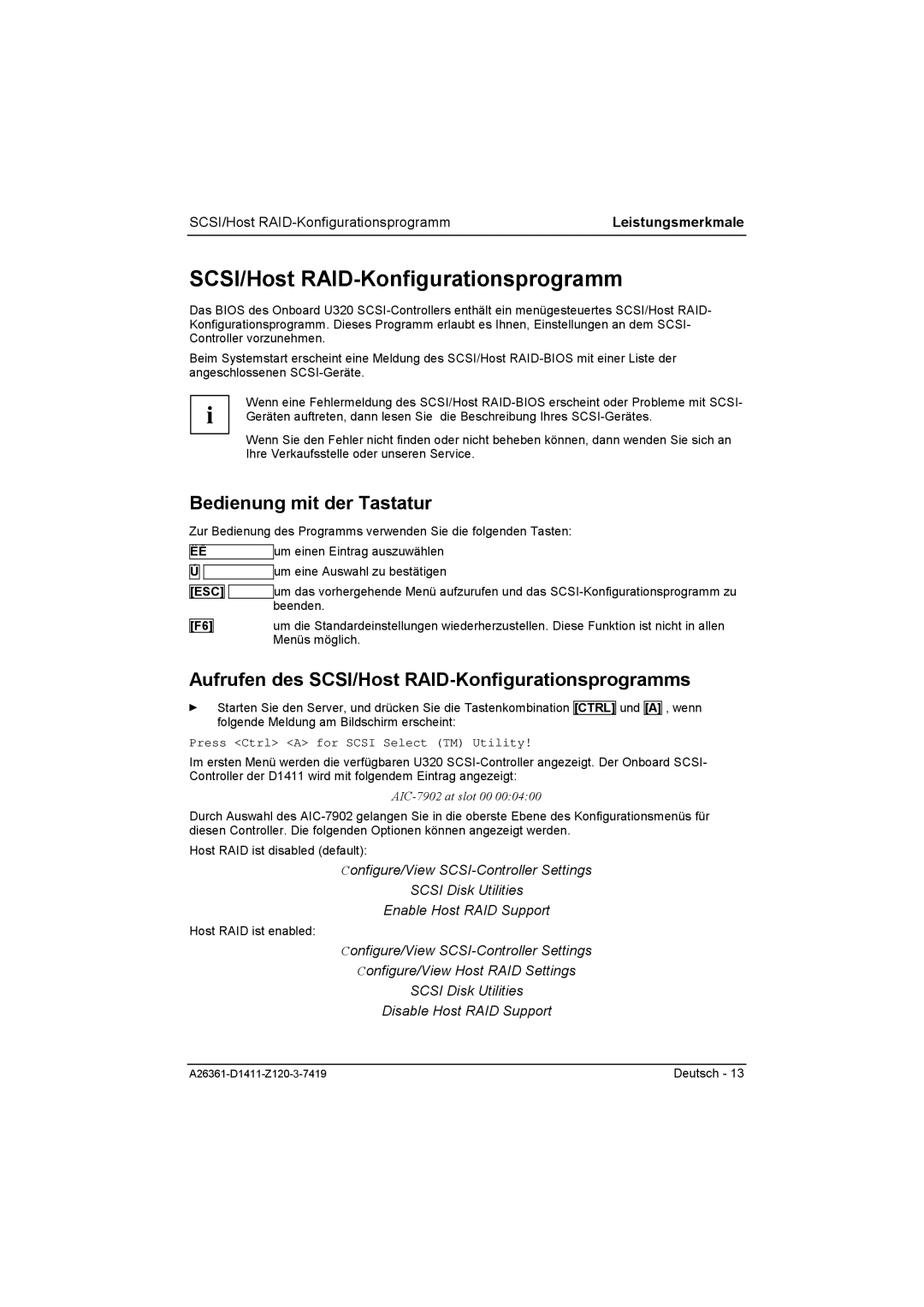 Fujitsu D1411 technical manual SCSI/Host RAID-Konfigurationsprogramm, Bedienung mit der Tastatur, Esc 