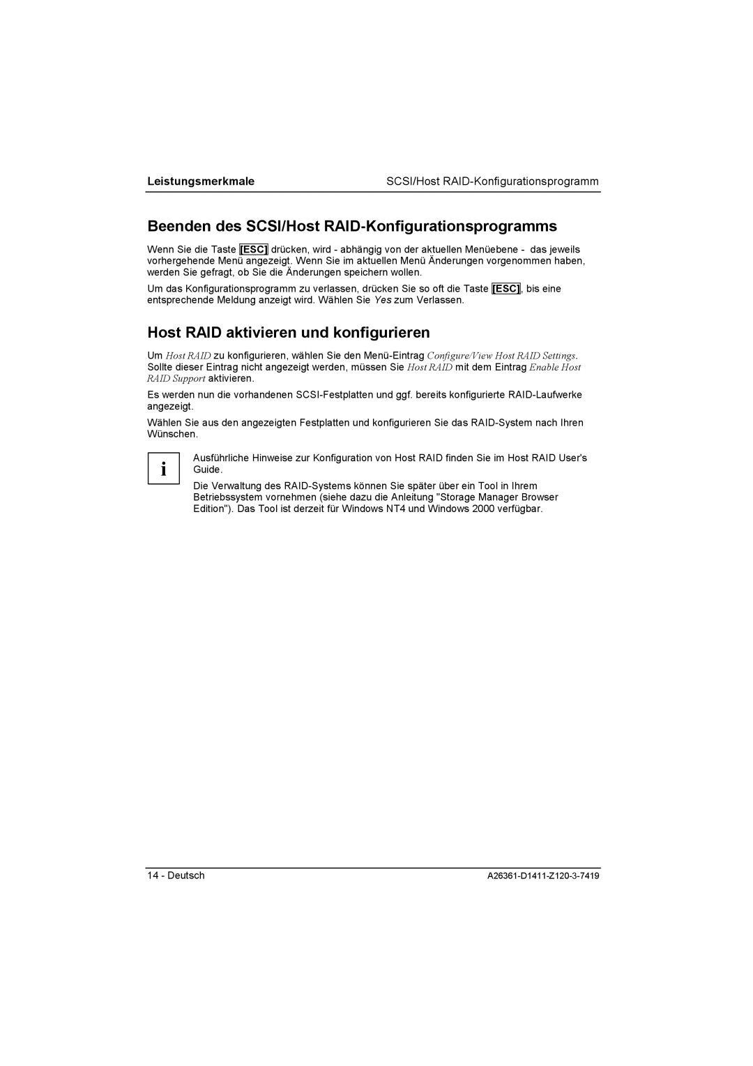 Fujitsu D1411 technical manual Beenden des SCSI/Host RAID-Konfigurationsprogramms, Host RAID aktivieren und konfigurieren 