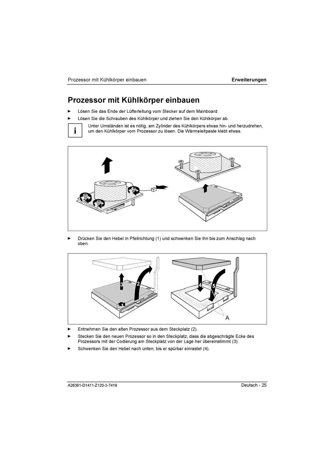 Fujitsu D1411 technical manual Prozessor mit Kühlkörper einbauen 