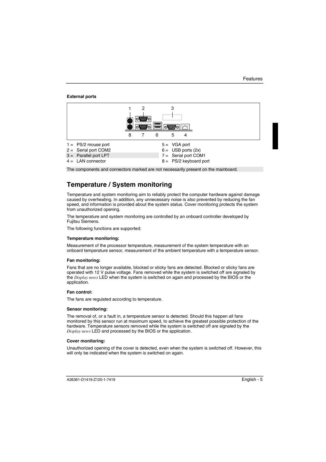 Fujitsu D1419 technical manual Temperature / System monitoring 