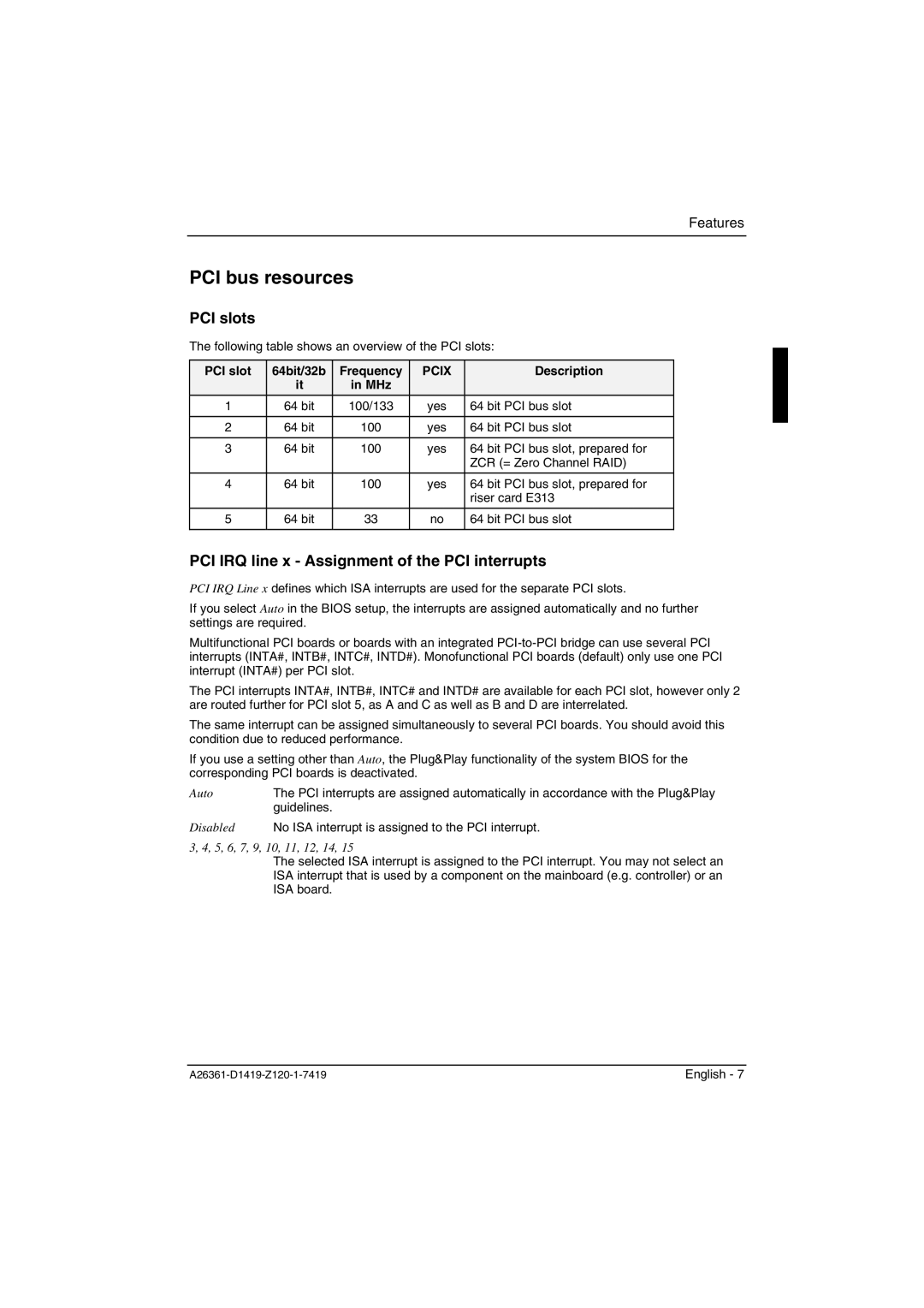 Fujitsu D1419 PCI bus resources, PCI slots, PCI IRQ line x Assignment of the PCI interrupts, PCI slot 64bit/32b Frequency 