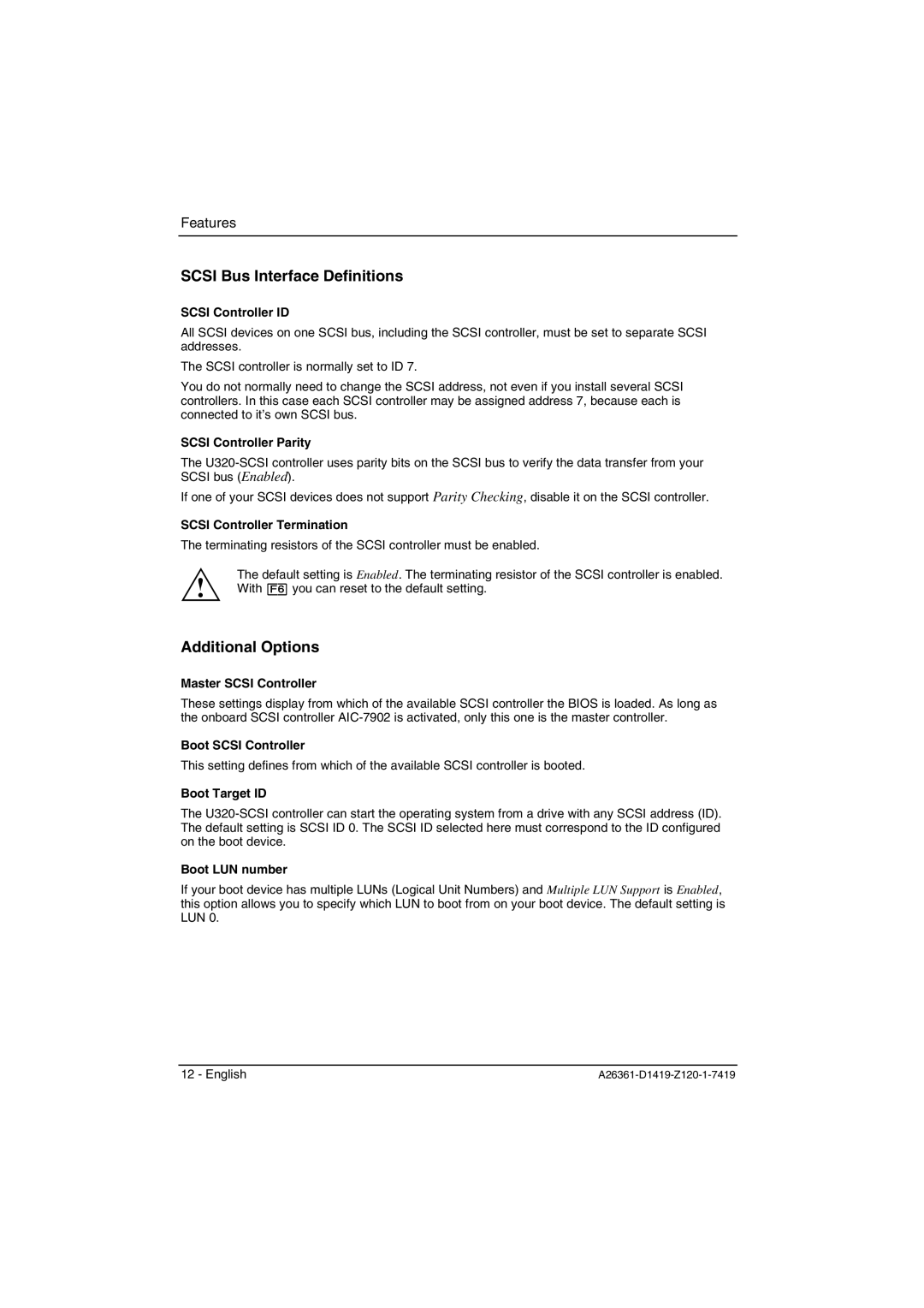 Fujitsu D1419 technical manual Scsi Bus Interface Definitions, Additional Options 