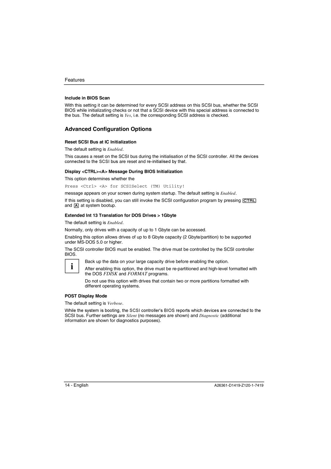 Fujitsu D1419 technical manual Advanced Configuration Options 