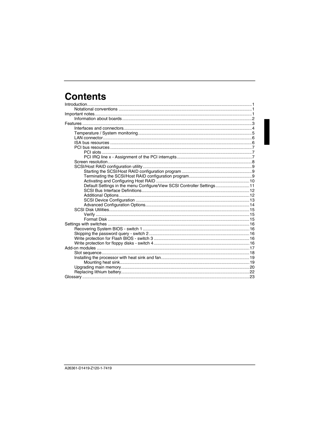 Fujitsu D1419 technical manual Contents 