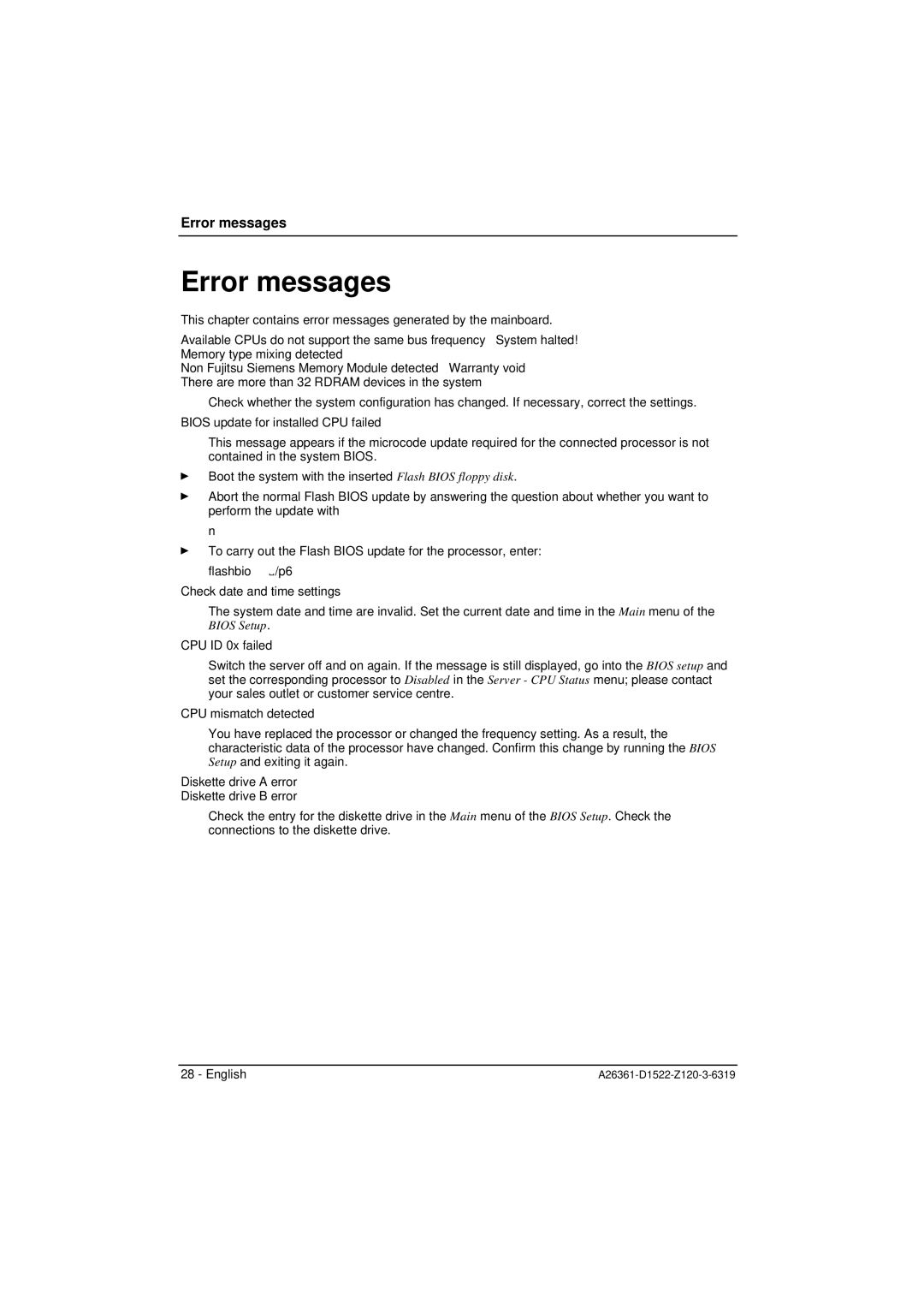 Fujitsu D1521, D1522 technical manual Error messages, FlashbioË/p6 Ú 