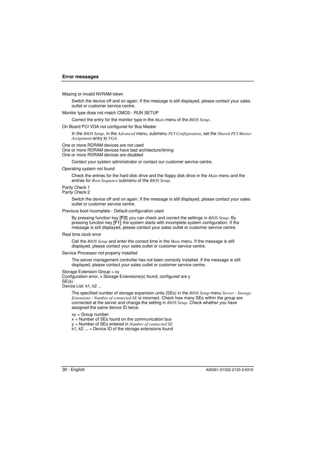 Fujitsu D1521, D1522 technical manual Missing or invalid Nvram token 