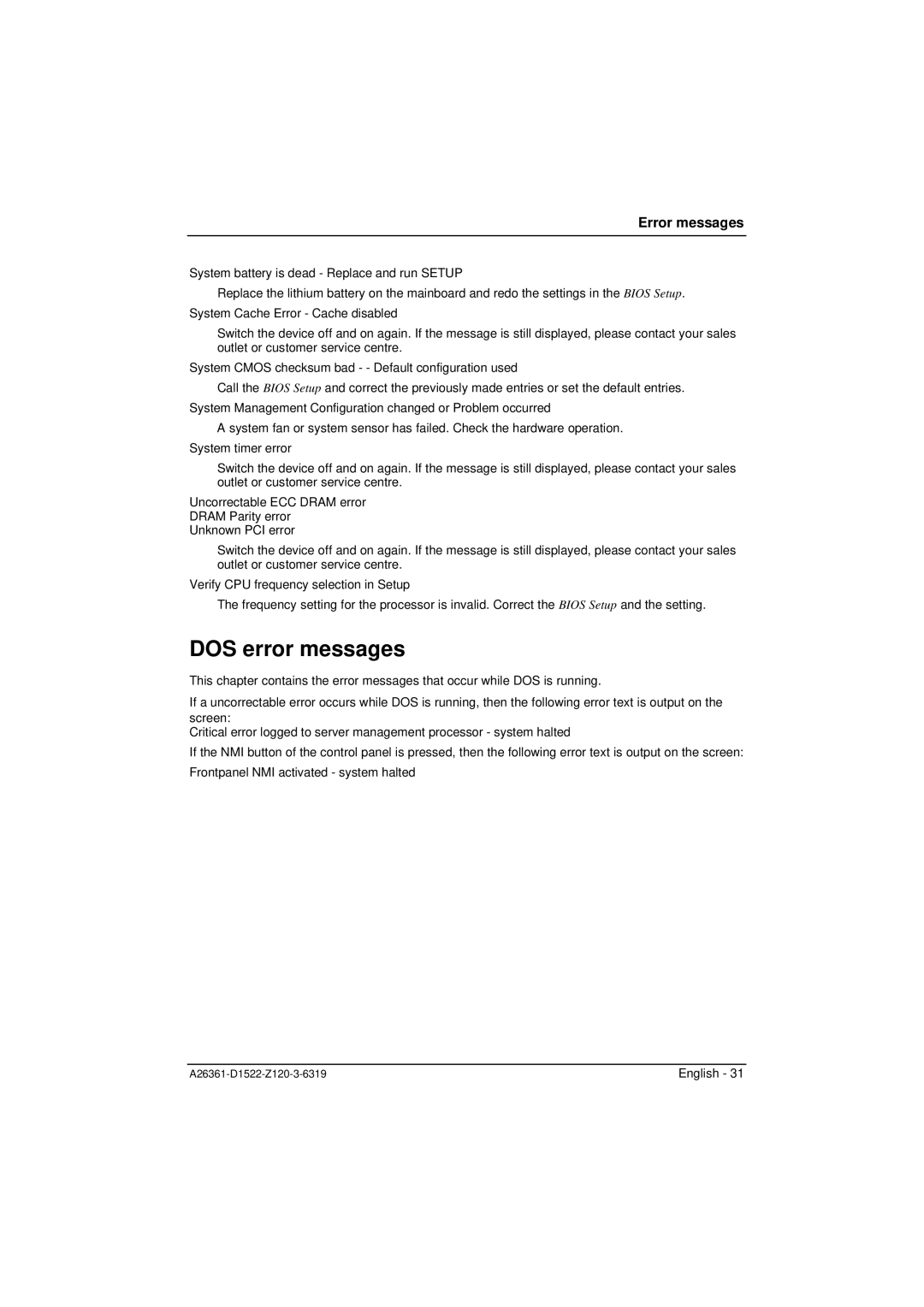 Fujitsu D1522, D1521 technical manual DOS error messages 