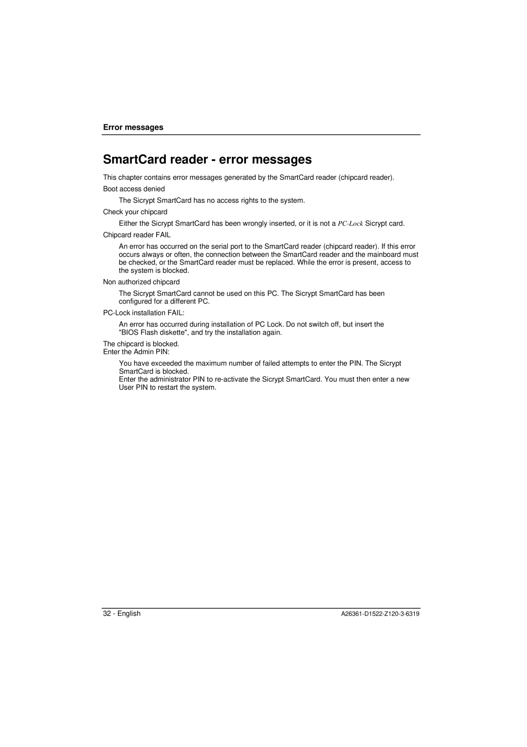 Fujitsu D1521, D1522 technical manual SmartCard reader error messages 