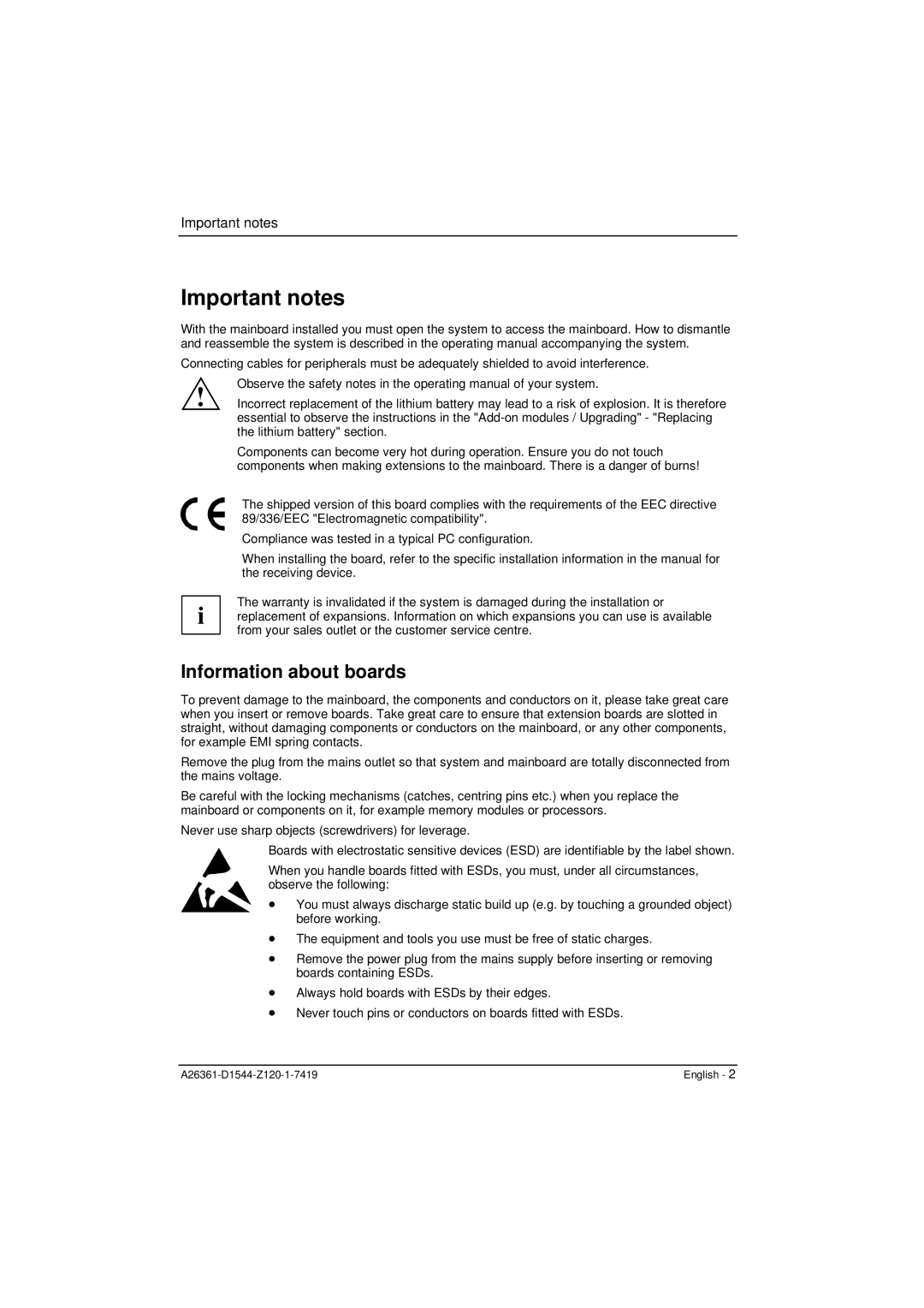 Fujitsu D1544 technical manual Important notes, Information about boards 