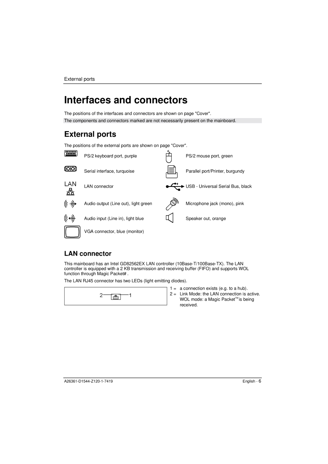 Fujitsu D1544 technical manual Interfaces and connectors, External ports, LAN connector 