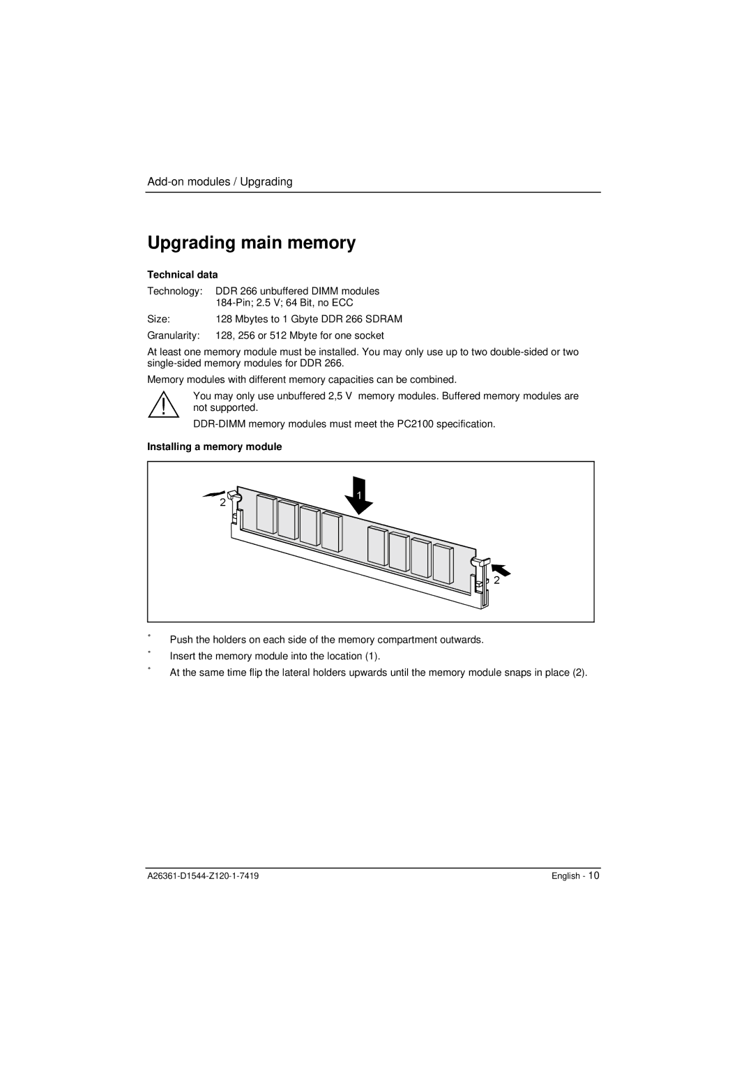 Fujitsu D1544 technical manual Upgrading main memory, Installing a memory module 