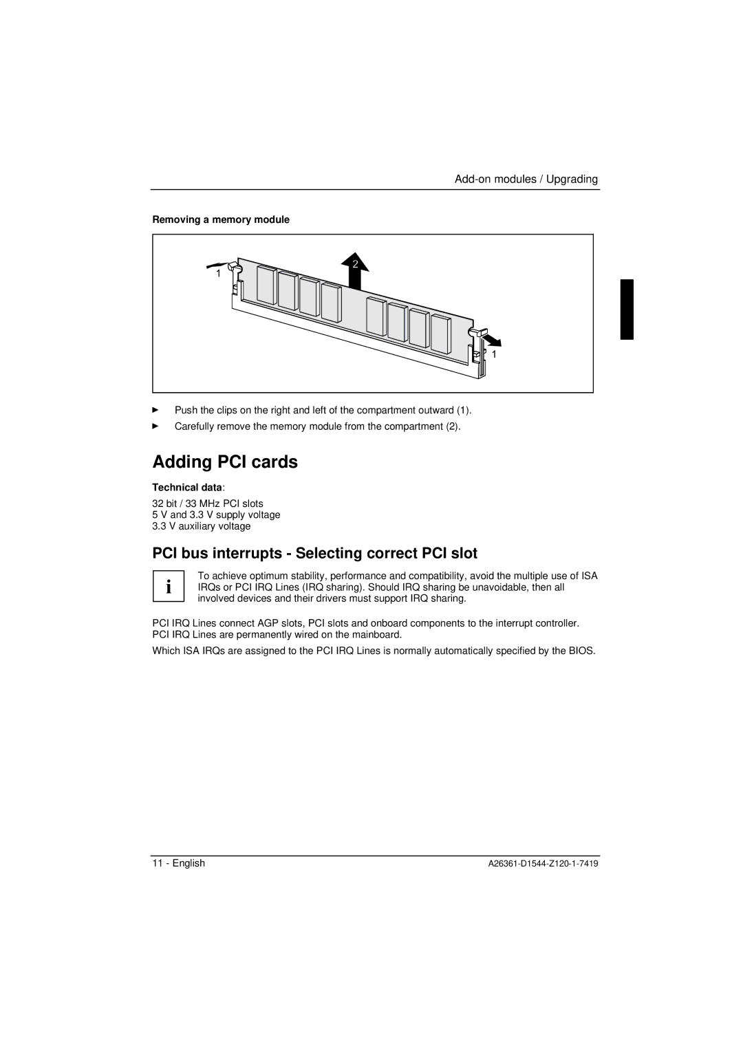 Fujitsu D1544 technical manual Adding PCI cards, PCI bus interrupts Selecting correct PCI slot, Removing a memory module 