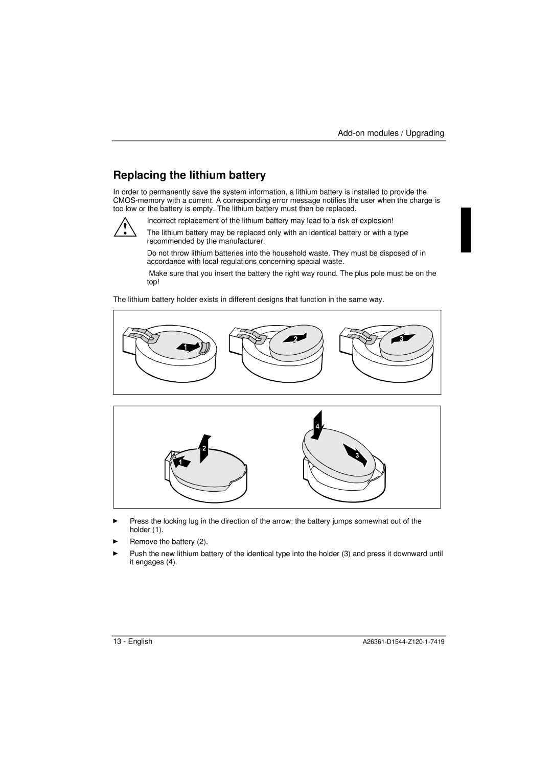 Fujitsu D1544 technical manual Replacing the lithium battery 