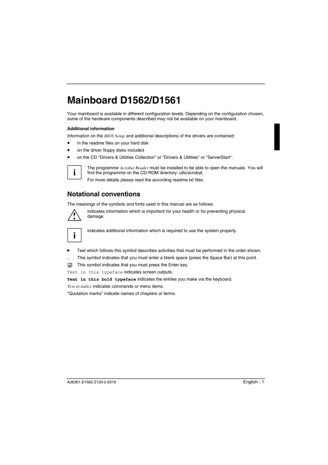 Fujitsu technical manual Mainboard D1562/D1561, Notational conventions, Additional information 