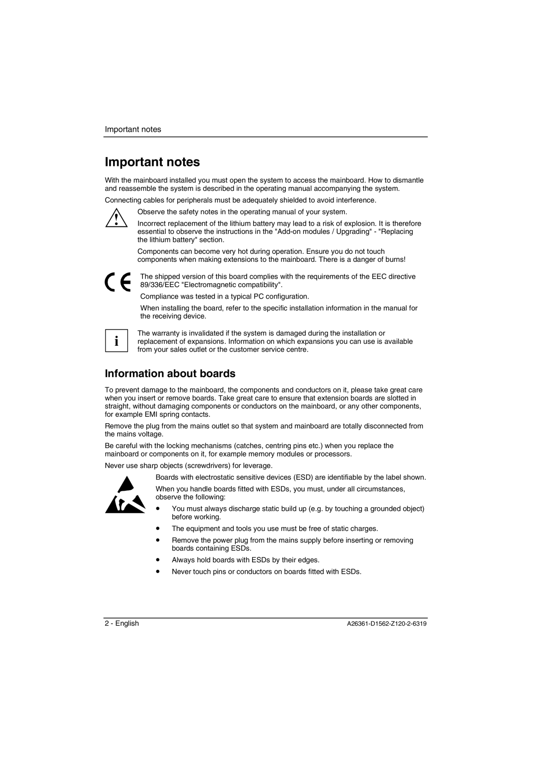 Fujitsu D1561, D1562 technical manual Important notes, Information about boards 