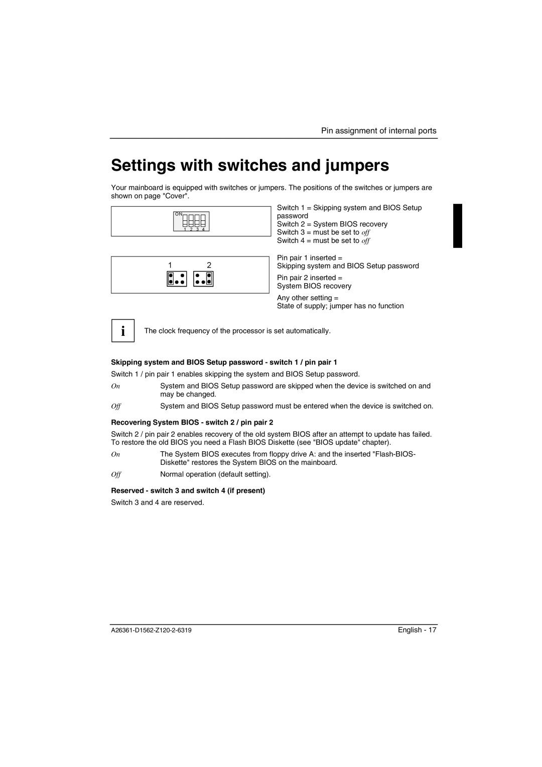 Fujitsu D1562, D1561 technical manual Settings with switches and jumpers, Recovering System Bios switch 2 / pin pair 