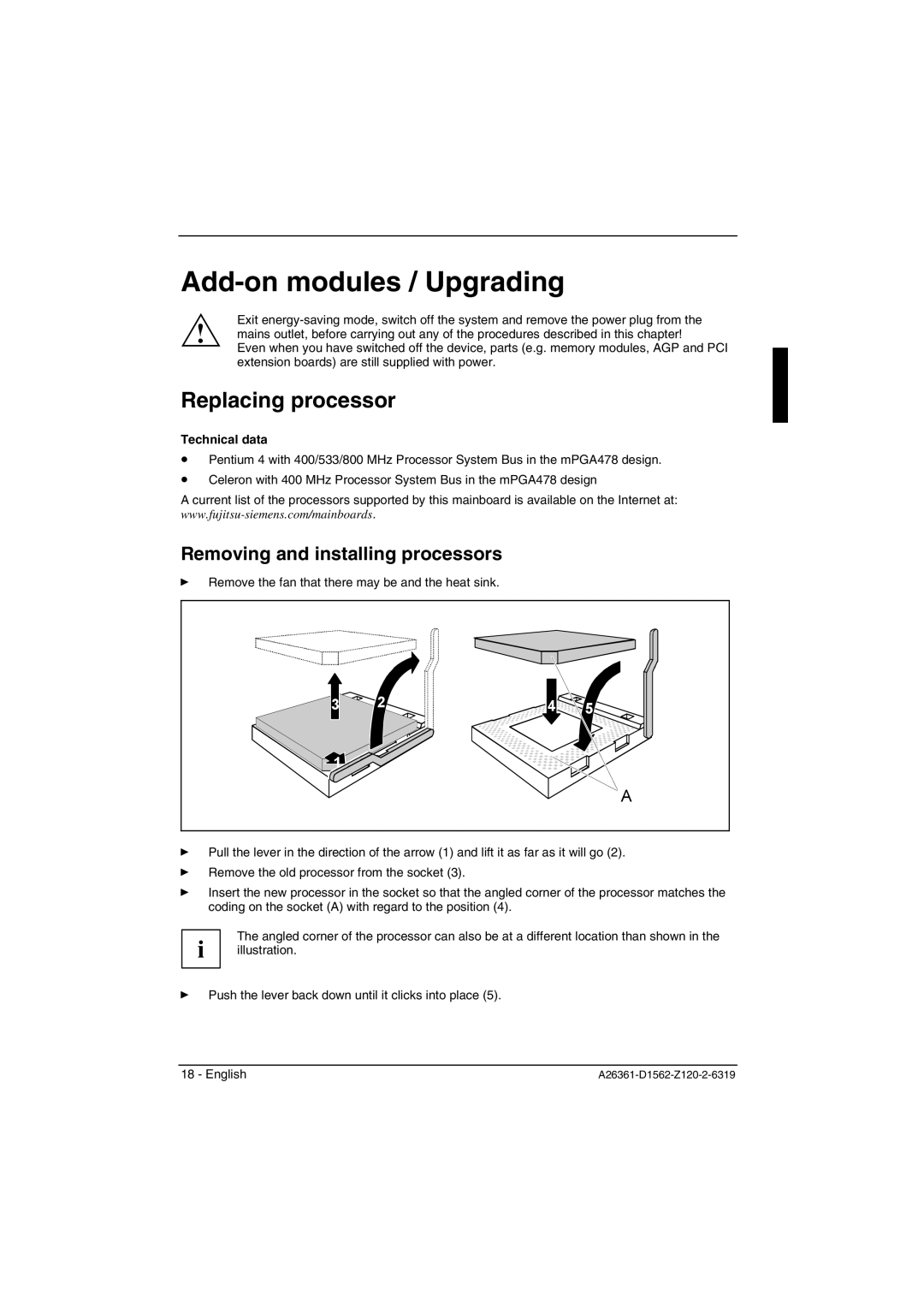 Fujitsu D1561, D1562 Add-on modules / Upgrading, Replacing processor, Removing and installing processors, Technical data 