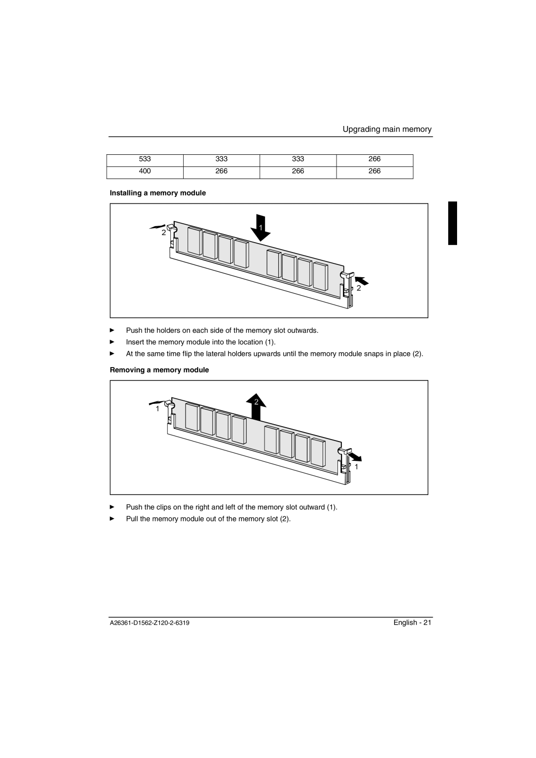 Fujitsu D1562, D1561 technical manual Installing a memory module, Removing a memory module 