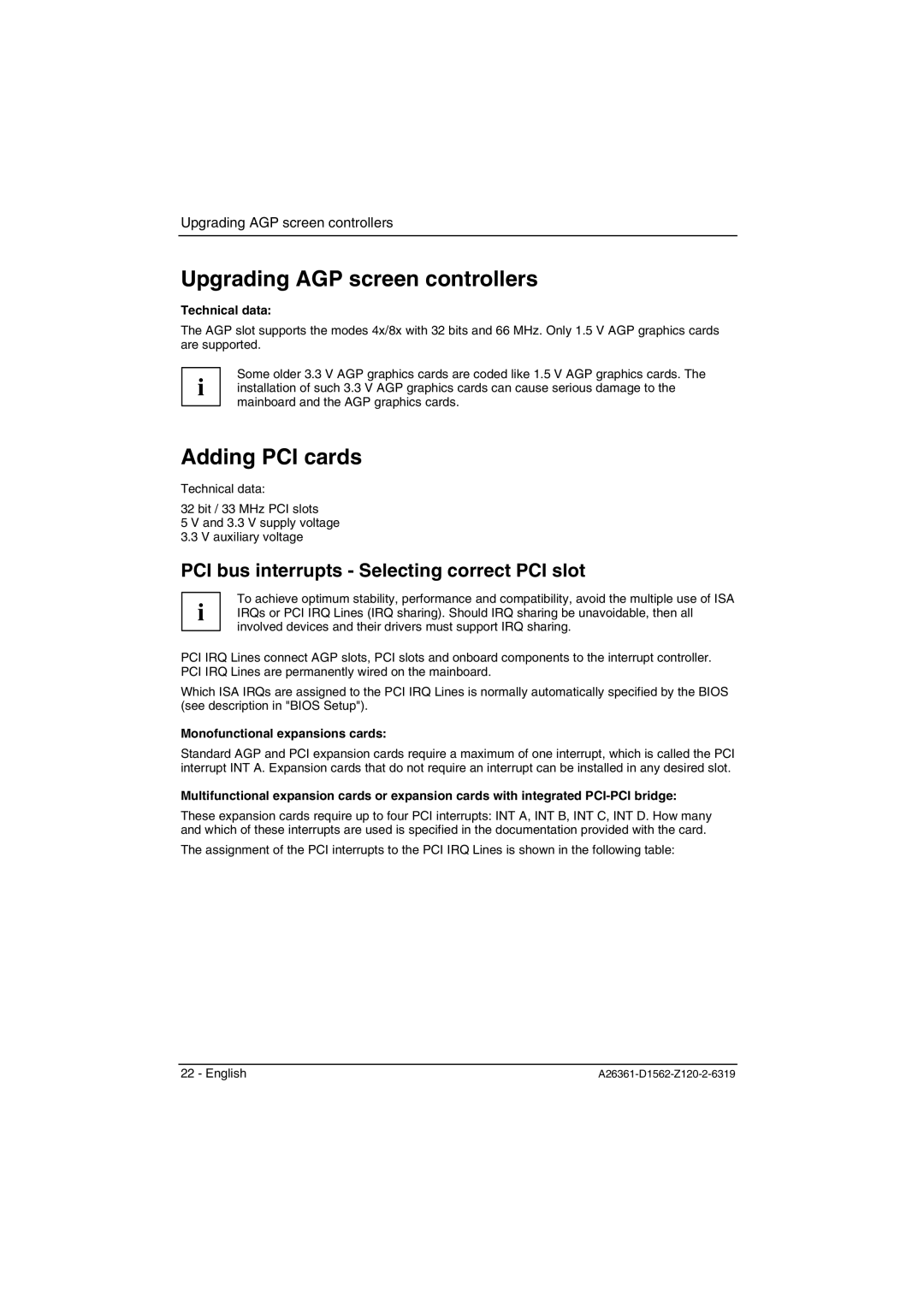 Fujitsu D1561, D1562 Upgrading AGP screen controllers, Adding PCI cards, PCI bus interrupts Selecting correct PCI slot 
