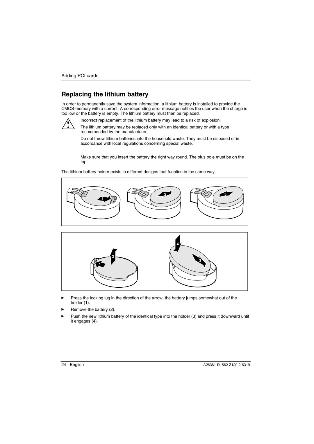 Fujitsu D1561, D1562 technical manual Replacing the lithium battery 