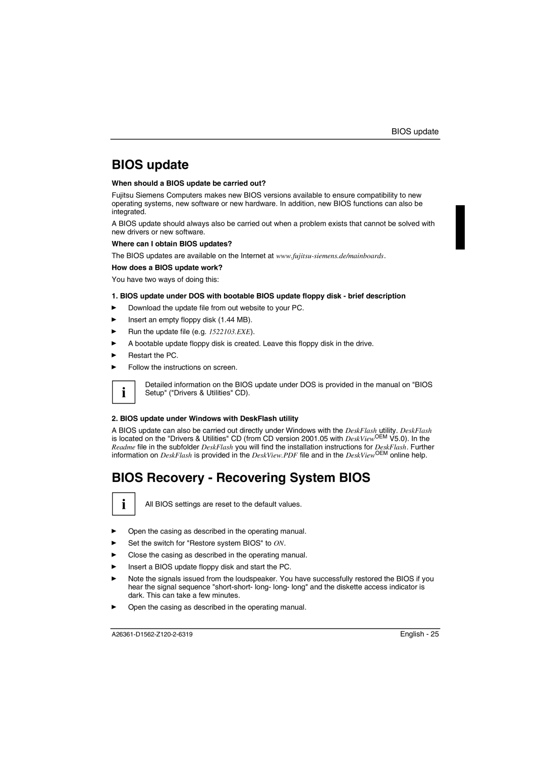 Fujitsu D1562, D1561 technical manual Bios Recovery Recovering System Bios, When should a Bios update be carried out? 