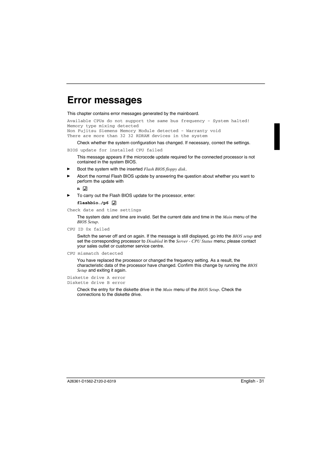 Fujitsu D1562, D1561 technical manual Error messages, FlashbioË/p6 Ú 