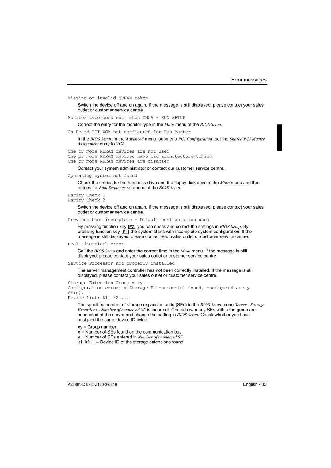 Fujitsu D1562, D1561 technical manual Missing or invalid Nvram token 