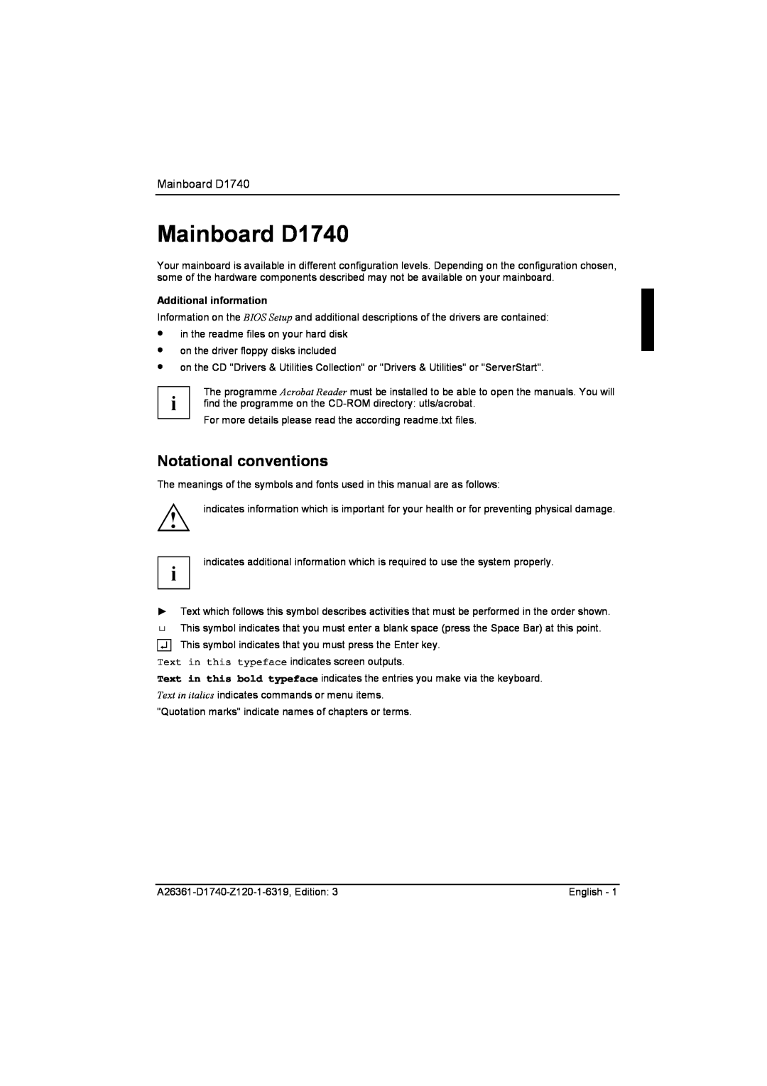 Fujitsu technical manual Notational conventions, Mainboard D1740, Additional information 