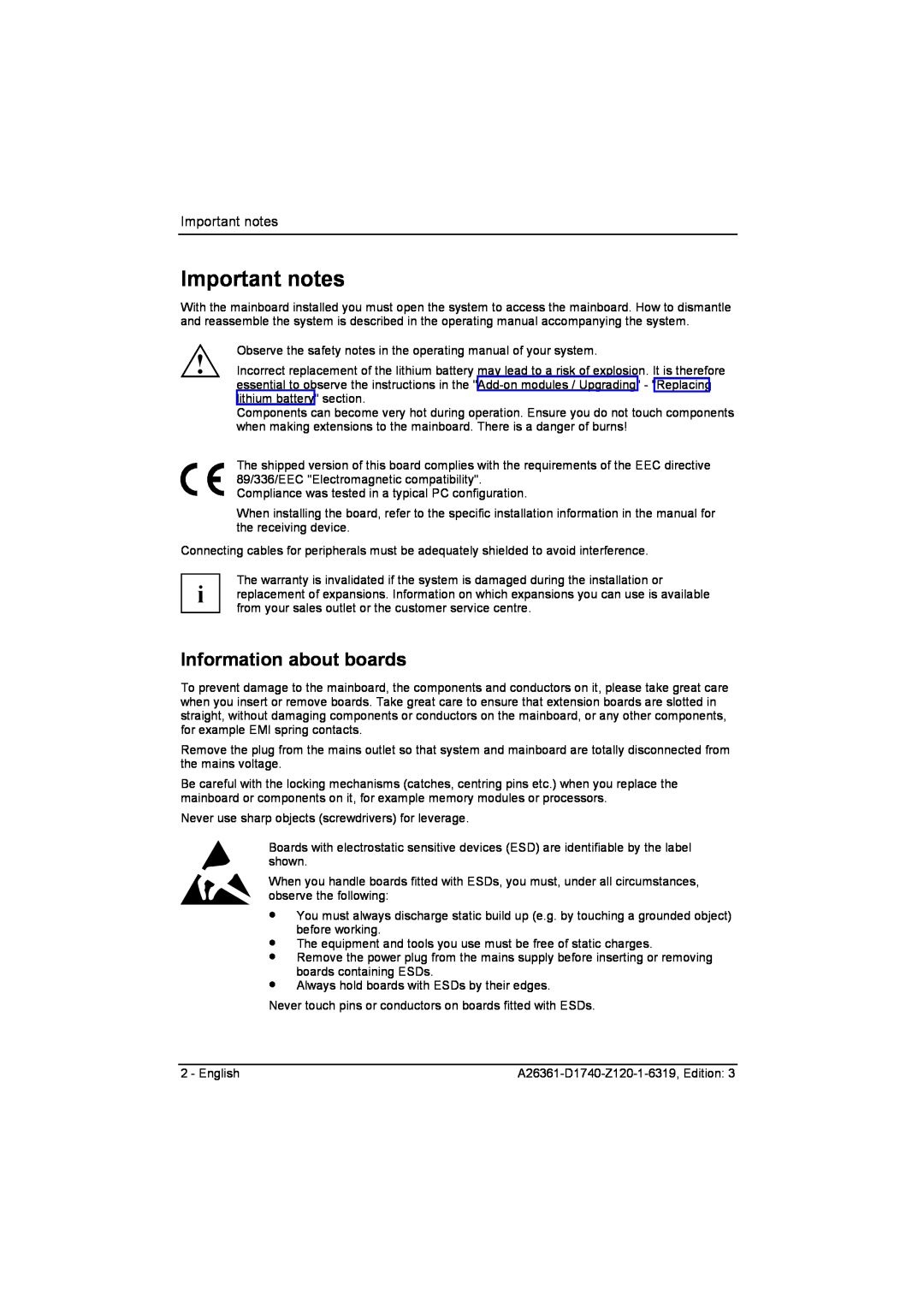 Fujitsu D1740 technical manual Important notes, Information about boards 