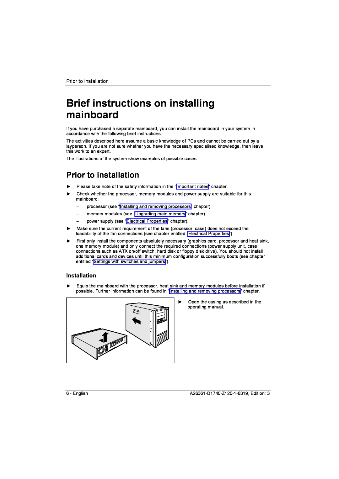 Fujitsu D1740 technical manual Brief instructions on installing mainboard, Prior to installation, Installation 