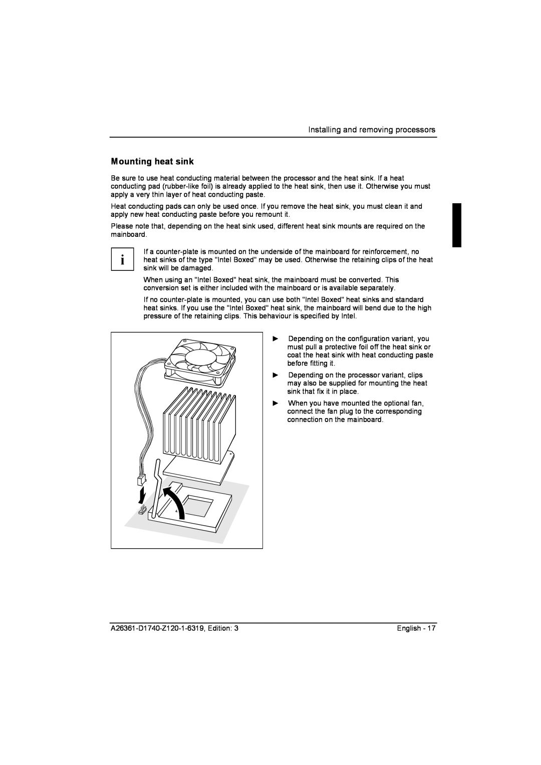 Fujitsu D1740 technical manual Mounting heat sink, Installing and removing processors 