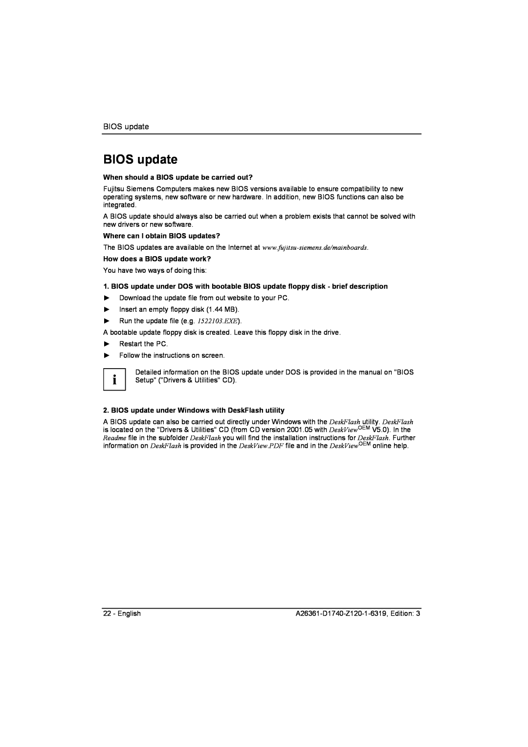 Fujitsu D1740 technical manual When should a BIOS update be carried out?, Where can I obtain BIOS updates? 