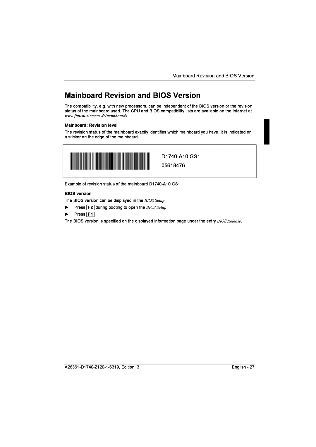 Fujitsu technical manual Mainboard Revision and BIOS Version, Mainboard Revision level, BIOS version, D1740-A10 GS1 