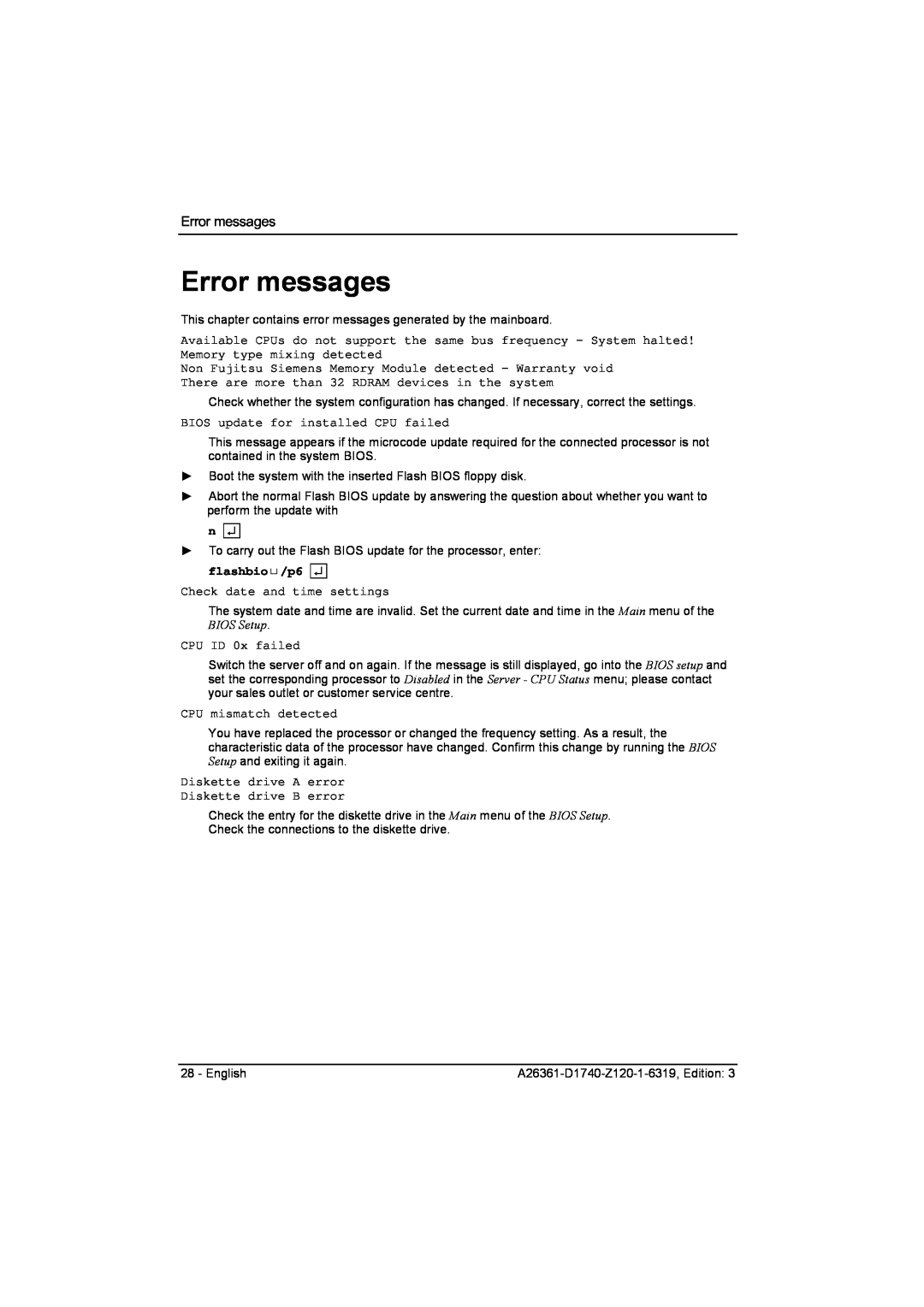 Fujitsu D1740 technical manual Error messages, flashbio/p6 