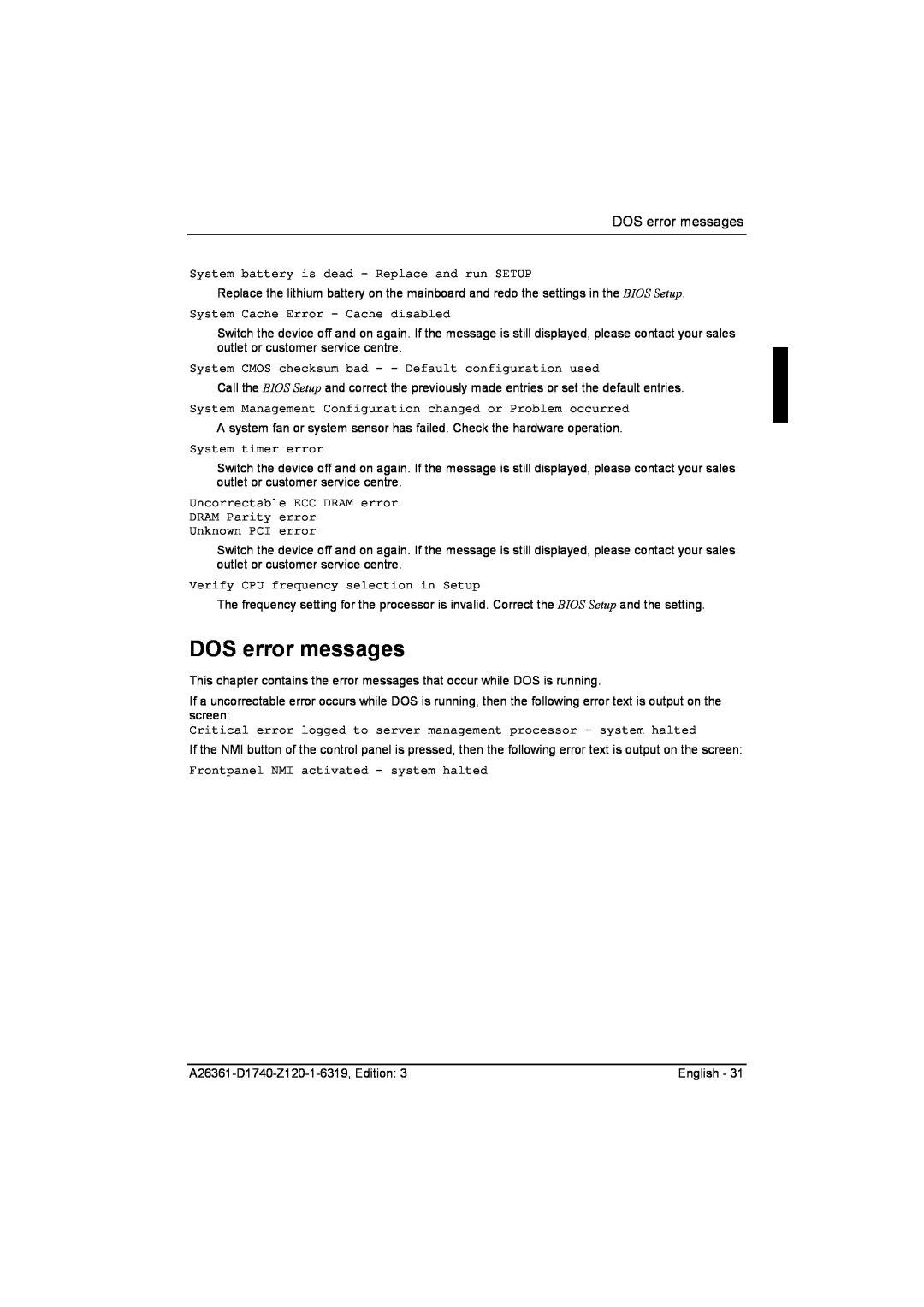 Fujitsu D1740 technical manual DOS error messages 