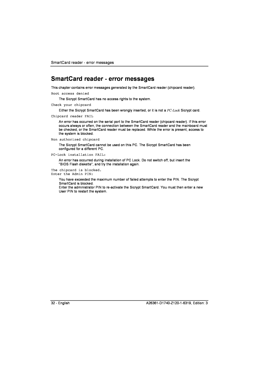 Fujitsu D1740 technical manual SmartCard reader - error messages 
