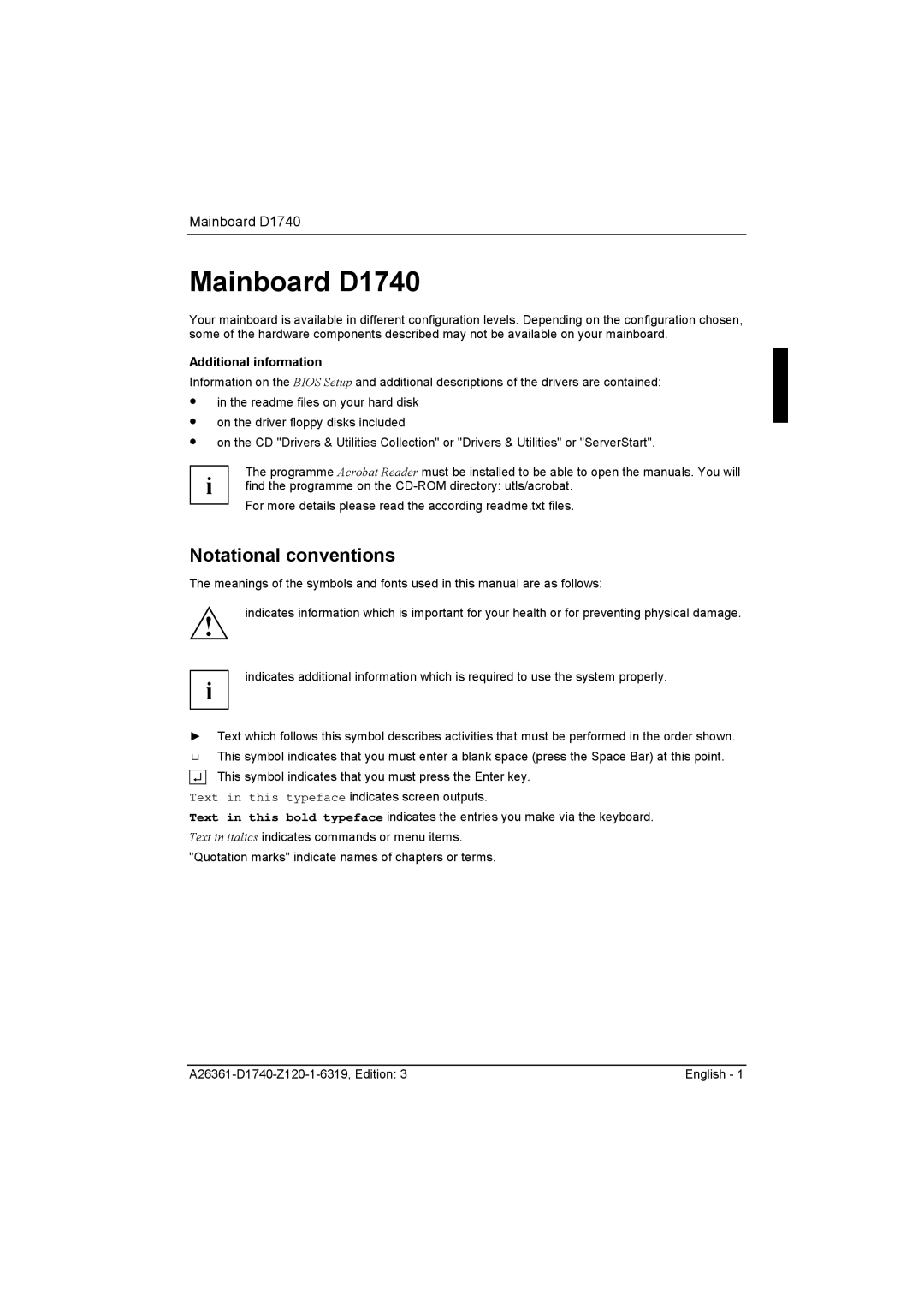 Fujitsu D1740 technical manual Notational conventions, Additional information 