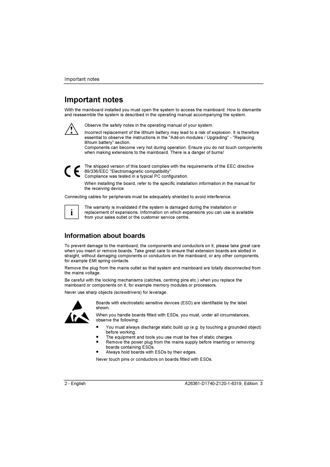 Fujitsu D1740 technical manual Important notes, Information about boards 